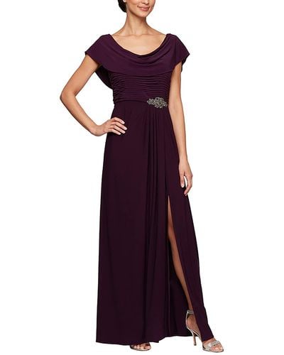 Alex Evenings Long Cowl Neck A-line Dress With Beaded Detail At Waist - Purple