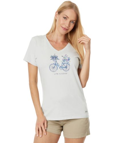 Life Is Good. Bike Flower Baskets Short Sleeve Crusher Vee - White