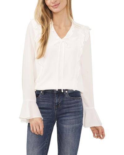Cece Collared Long Sleeve Ruffled Bow Blouse - White