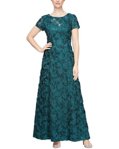 Alex Evenings Long A-line Rosette Dress With Sequin Detail - Green