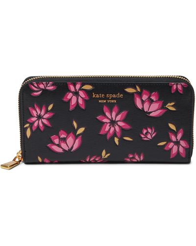 Kate Spade Morgan Winter Blooms Embossed Saffiano Leather Zip Around Continental Wallet - Red