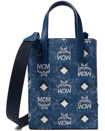 MCM Aren Vintage Monogram Fabric Tote Xmn Leather - Blue