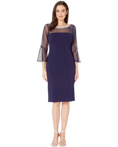 Alex Evenings Short Shift Dress With Beaded Illusion Neckline And Bell Sleeves - Blue