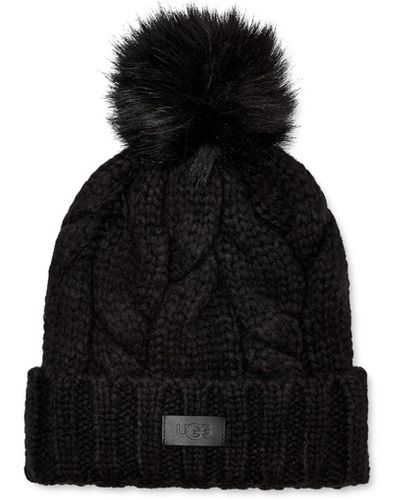 UGG Knit Cable Beanie With Faux Fur Pom - Black