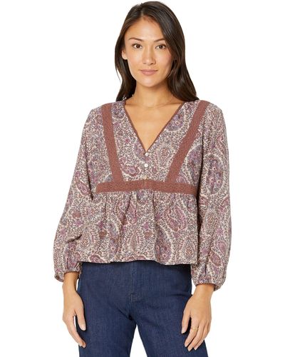 Lucky Brand Floral Print Lace Inset Top in Purple