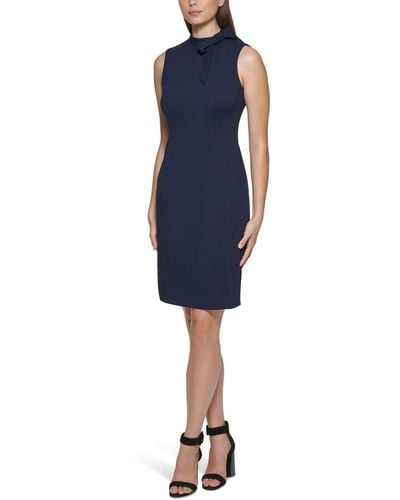 Calvin Klein Sleeveless Crepe Dress With Necktie - Blue