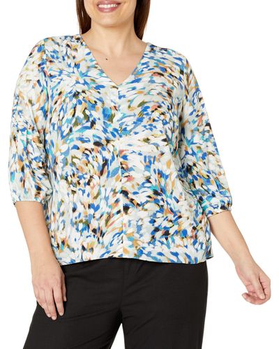 Liverpool Los Angeles Plus Size 3/4 Sleeve Double V-neck Top - Blue