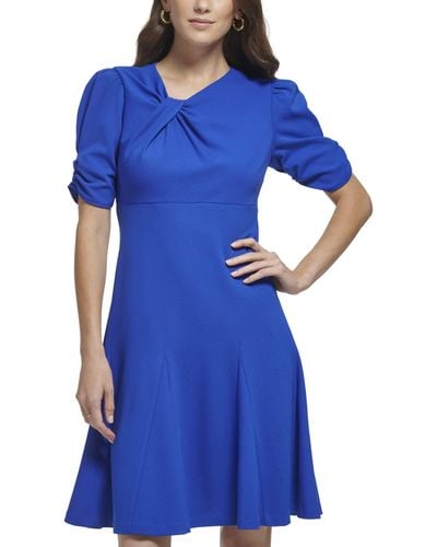 DKNY Short Sleeve Fit And Flare With Godet Skirt - Blue