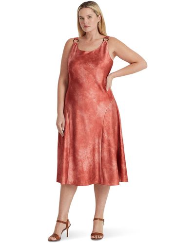Lauren by Ralph Lauren Plus Size Tie-dye Print Ring-trim Satin Dress - Red