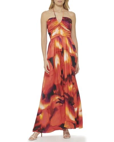 DKNY Printed Satin Ruche Front Halter Maxi Dress - Red