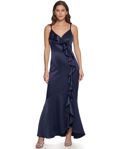 DKNY Sleeveless Ruffled V-neck Gown - Blue