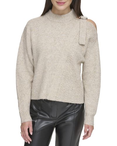 DKNY Long Sleeve Mix Stitch Cold-shoulder Sweater - Gray