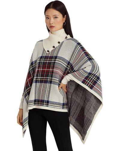 Lauren by Ralph Lauren Checked Plaid Wool-blend Poncho - Gray