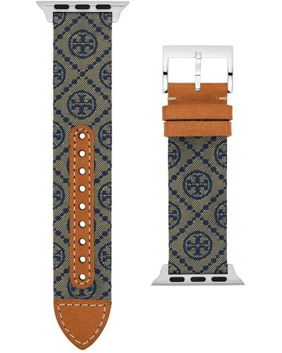 Tory Burch 38/40 Mm T Monogram Fabric And Leather Band For Apple Watch - Blue