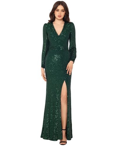 Xscape Long Sleeve Long V-neck Sequin Gown - Green
