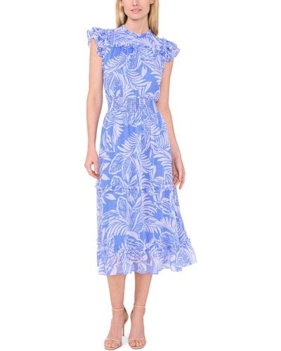 Cece Flutter Sleeve Smocked Waist Dress - Blue