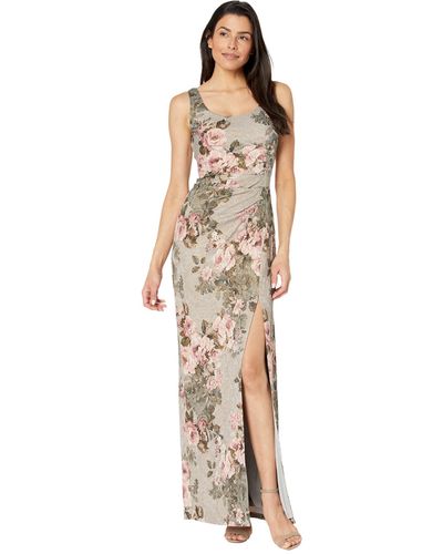 Adrianna Papell Printed Stretch Metallic Matte Laisse Long Column Gown