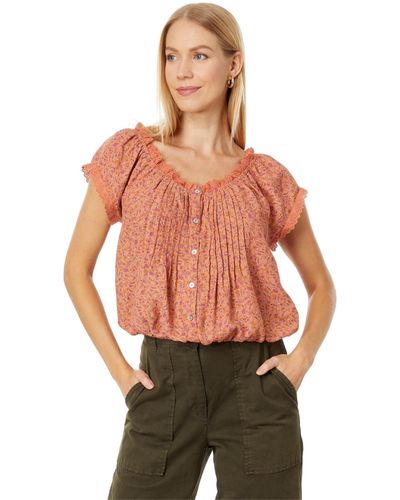 Lucky Brand Printed Button Front Peasant Top - Red