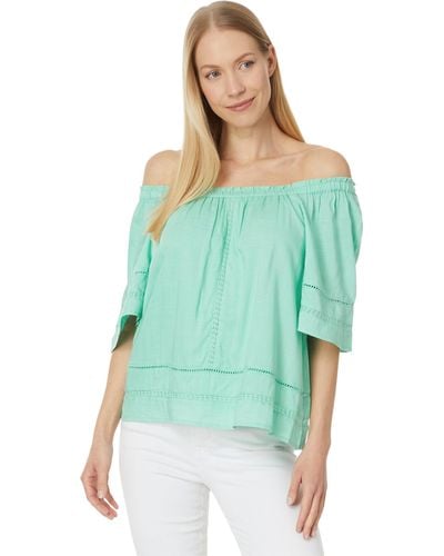 Liverpool Los Angeles Cropped Bell Sleeve Woven Top With Lace Trim - Green