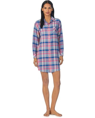 Lauren by Ralph Lauren Long Sleeve Brushed Twill Sleepshirt - Blue