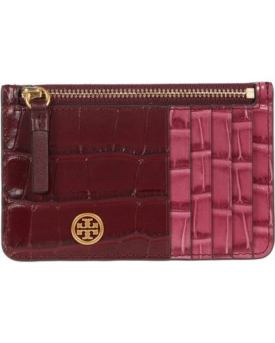 Tory Burch Robinson Embossed Color-block Top Zip Card Case - Red