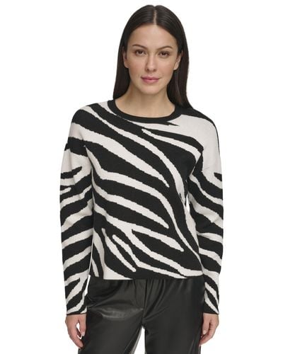 DKNY Long Sleeve Zebra Crew Neck Sweater - Black