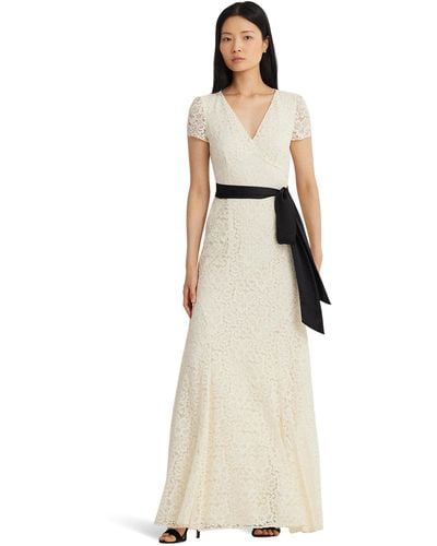 Lauren by Ralph Lauren Belted Lace Gown - Natural
