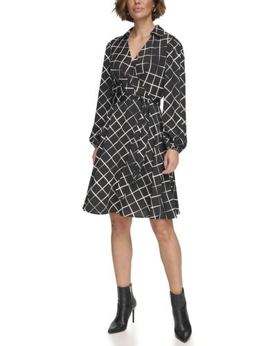 DKNY Chiffon Long Sleeve Dress With Collar - Black