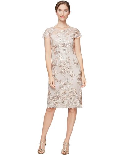 Alex Evenings Midi Length Embroidered Cap Sleeve Dress With Illusion Neckline And Scallop Detail Hem - Metallic