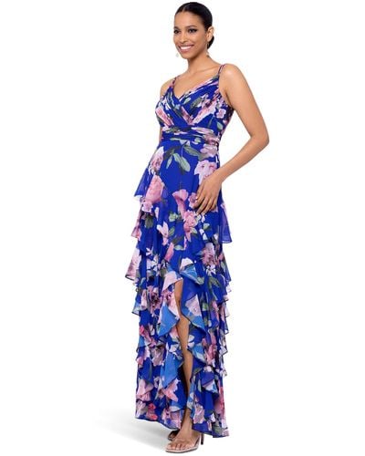 Xscape Long Floral Asymmetric Tier Dress - Blue