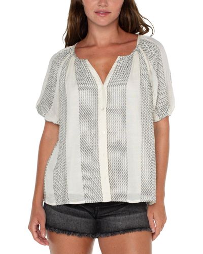 Liverpool Los Angeles Puff Sleeve Button Front Shirred Woven Top - White