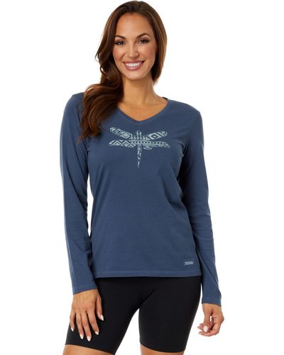 Life Is Good. Patterned Dragonfly Long Sleeve Crusher Vee - Blue
