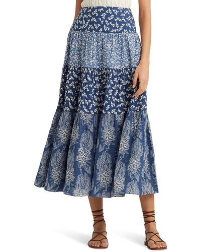 Ralph Lauren Patchwork Floral Voile Tiered Skirt - Blue