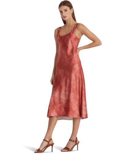 Lauren by Ralph Lauren Tie-dye Print Ring-trim Satin Dress - Red