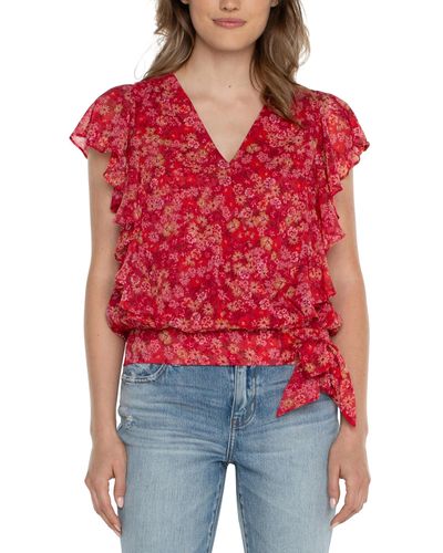 Liverpool Los Angeles Ruffle Sleeve Draped Front Chiffon Top With Waist Tie - Red