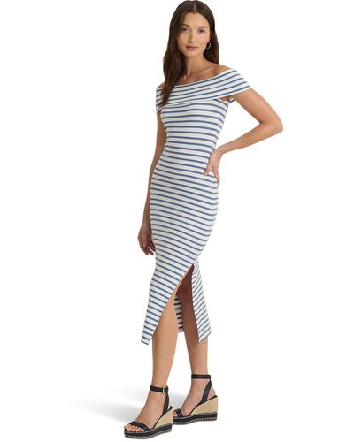 Lauren by Ralph Lauren Striped Off-the-shoulder Midi Dress - Blue