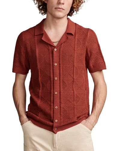 Lucky Brand Crochet Camp Collar Short Sleeve Shirt - Red