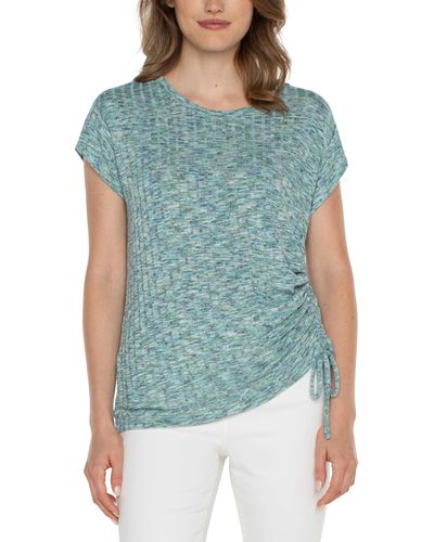 Liverpool Los Angeles Short Sleeve Scoop Neck With Side Tie Detail Space Dye Rib Knit - Blue