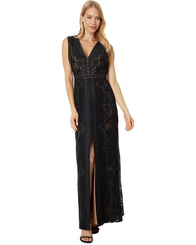 BCBGMAXAZRIA V Neck Sleeveless Long Burnout Lace Column Dress - Black