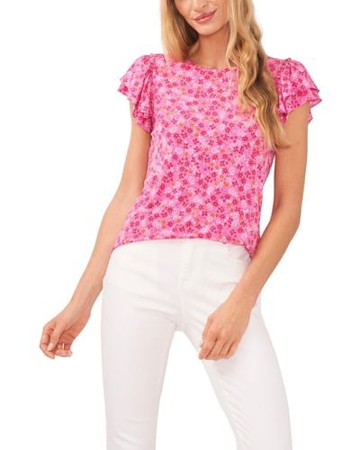 Cece Printed Double Ruffle Knit Blouse - Pink