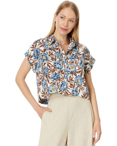 Madewell Crop Dolman Shirt In Floral 100% Linen - Blue