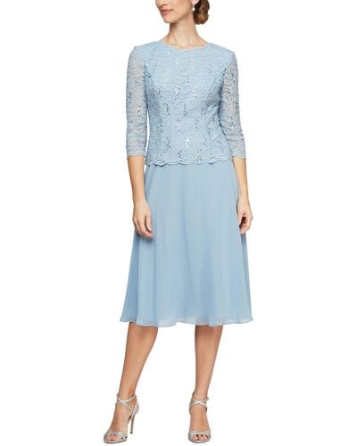 Alex Evenings Short Tea Length Sequins Lace Mock Dress - Blue