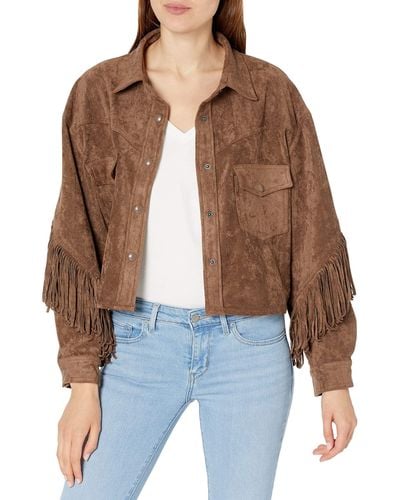 Blank NYC Faux Suede Fringe Shirt Jacket In Hot Cocoa - Brown