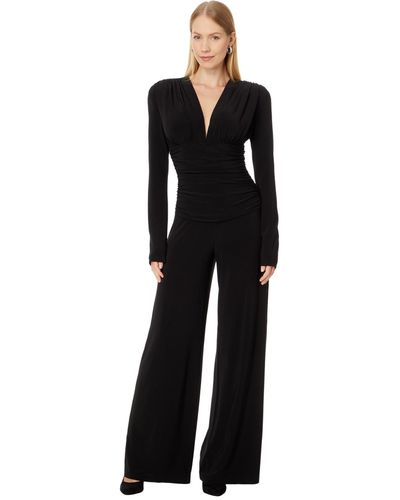 Norma Kamali V-neck Long Sleeve Shirred Waist Jumpsuit With Shoulder Pads - Black