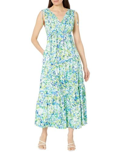 Maggy London Floral Print Maxi With Shoulder Gather Dress - Green