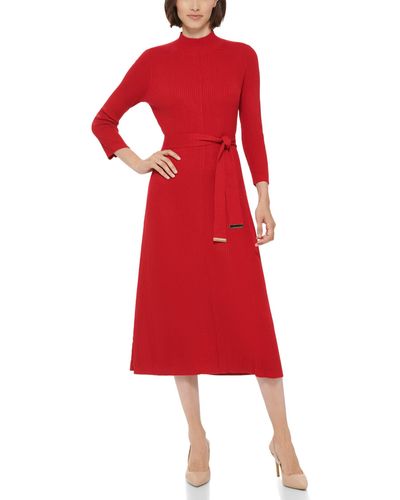 Calvin Klein Ribbed-knit Belted Sweater Dress - Red