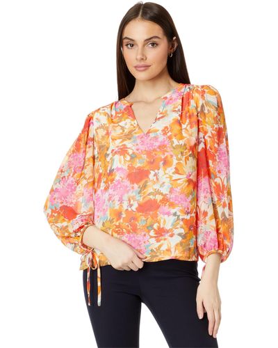 Vince Camuto V Neck Blouse With Puff Sleeve - Orange