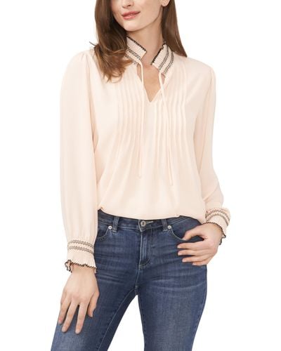 Cece Contrast Stitch Long Sleeve Pleated Blouse - White