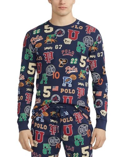 Polo Ralph Lauren Printed Waffle Long Sleeve Crew With All Over Print - Blue