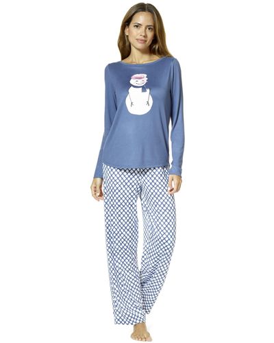 Hue Snowman Smiles Brushed Loose Knit Pajama Set - Blue
